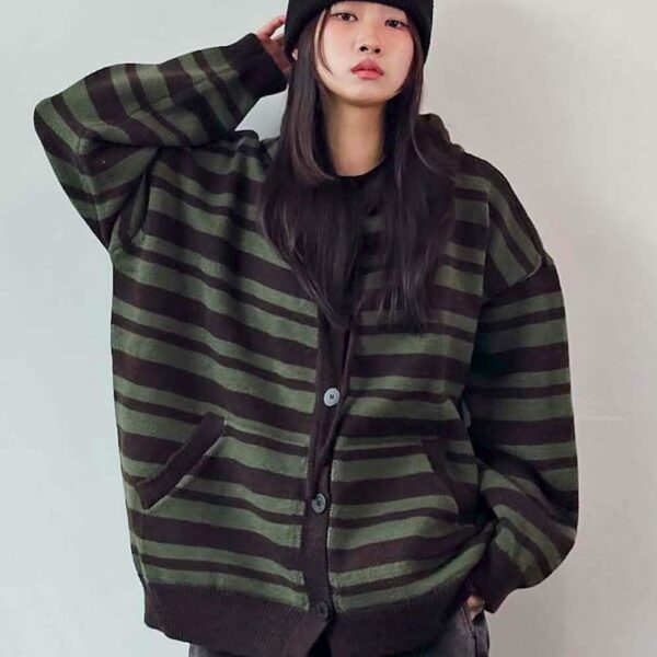 條紋針織連帽外套