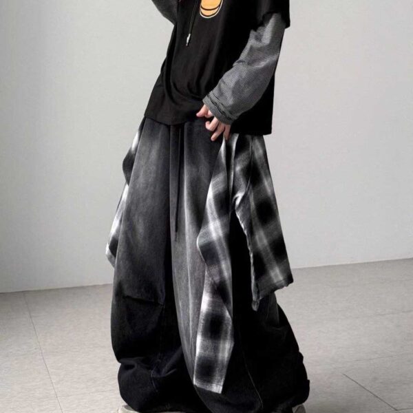 可拆式格子綁帶牛仔褲