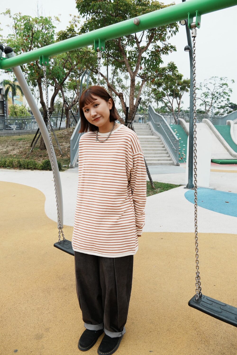 針織薄款條紋上衣(橘)