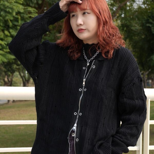 針織刷破雙拉鍊襯衫(黑)