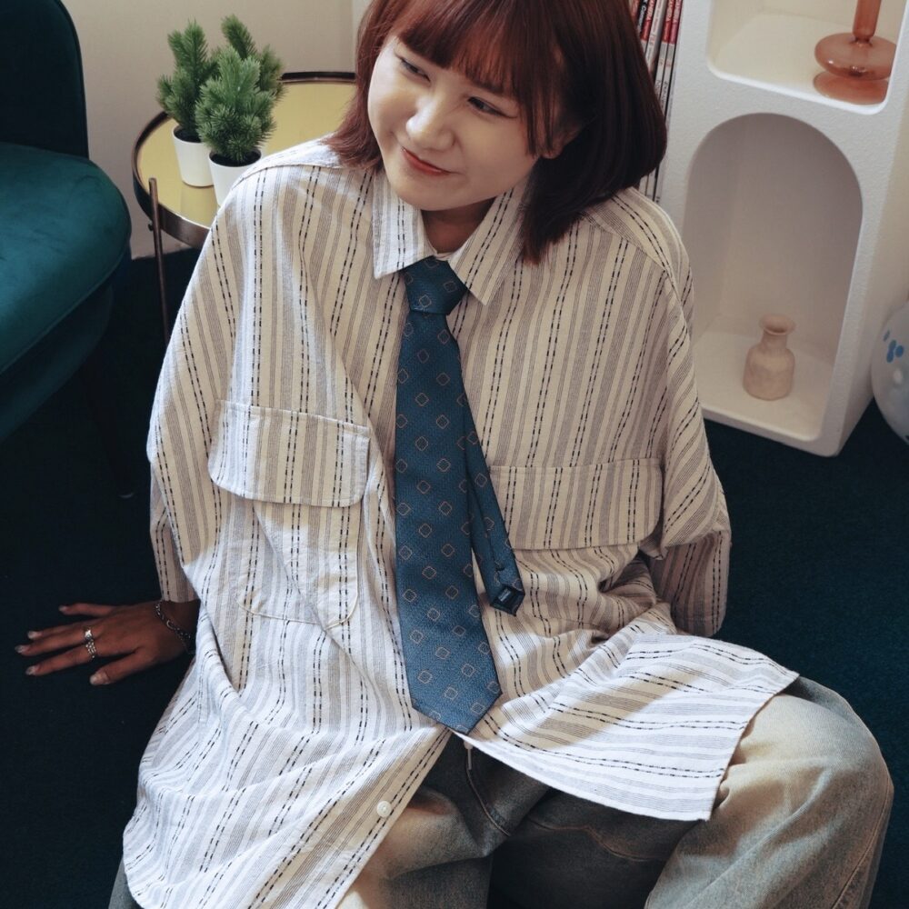 日系棉麻條紋襯衫