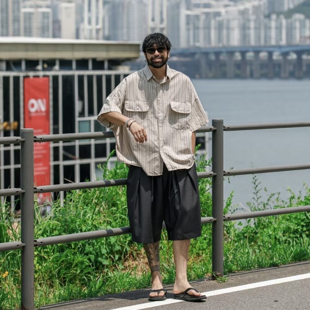 日系棉麻條紋襯衫